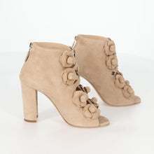 Load image into Gallery viewer, šBlack Friday SpecialšChanel Suede Camelia Open Toe Booties Size 38