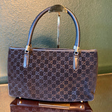 Load image into Gallery viewer, Gucci Black GG Embossed Suede Web Stripe Tote