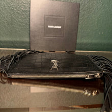 Load image into Gallery viewer, Saint Laurent Croc Embossed Calfskin Monogram Fringe Clutch