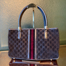 Load image into Gallery viewer, Gucci Black GG Embossed Suede Web Stripe Tote