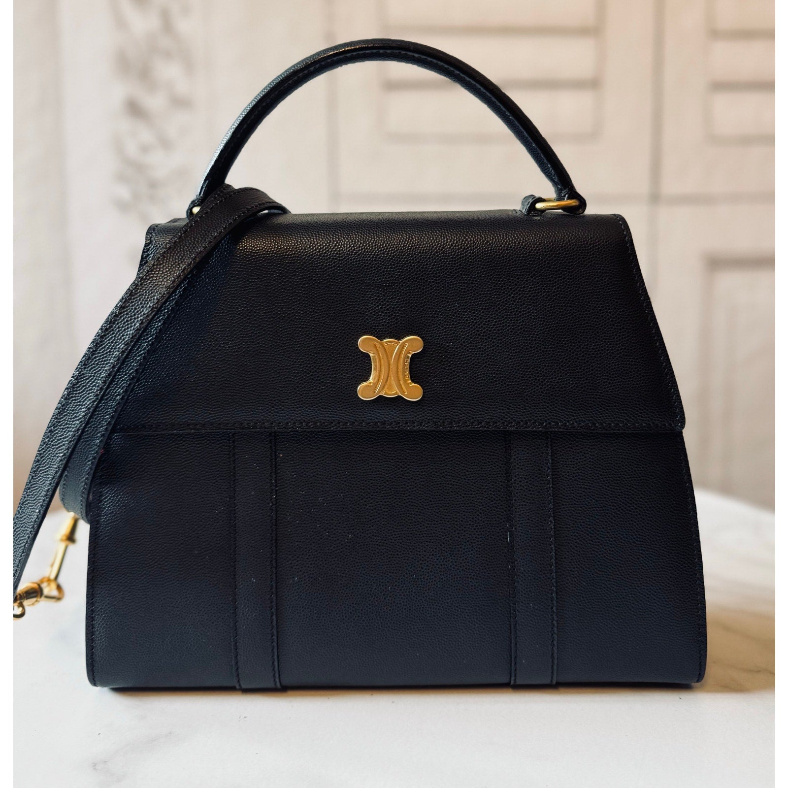 ハンドバッグ CELINE TOP HANDLE BAGS CELINE Patent Calfskin Small 16 Top Handle Bag Black 1657545