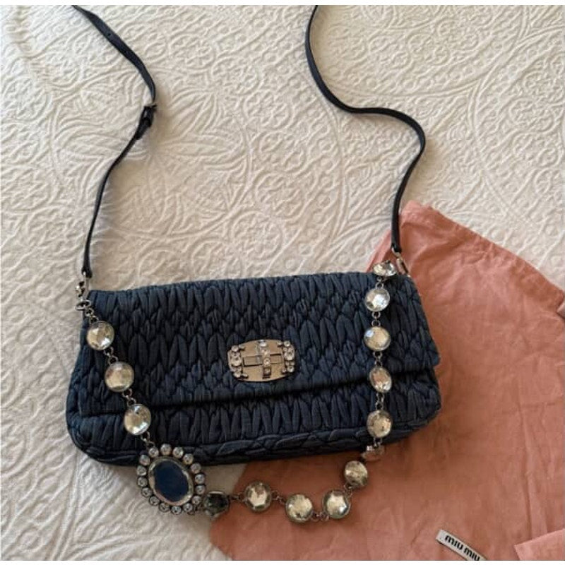 MiuMiu Denim Matelasse Crystal Chain Crossbody Bag – 2ndLove