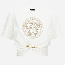 Load image into Gallery viewer, BRAND NEW VERSACE Bedazzled Medusa Crop Safety Pin T-shirt
