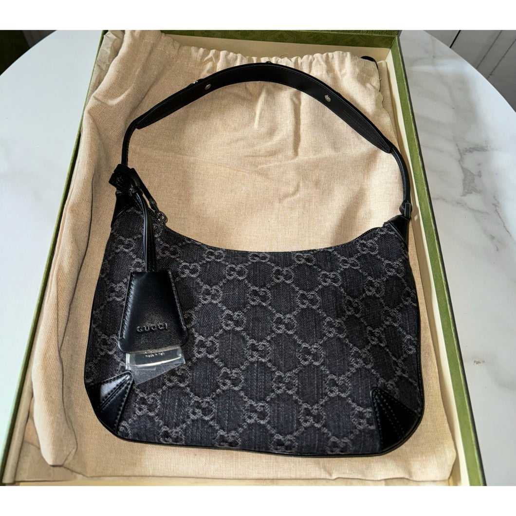 BRAND NEW Gucci Jacquard Black Denim GG Monogram Horsebit Slim Shoulder Bag