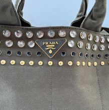 Load image into Gallery viewer, PRELOVED Prada Canvas Studded Crystal Large Canapa Tote Militare
