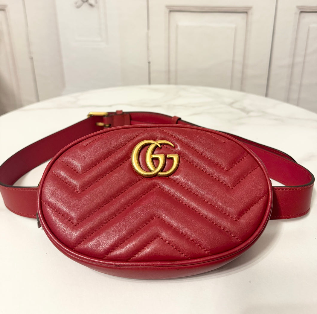 PRELOVED GUCCI Calfskin Matelasse GG Marmont Belt Bag 95/38 Hibiscus Red