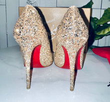 Load image into Gallery viewer, Christian Louboutin Pigalle Follie 100 Champagne Glitter Size 7.5
