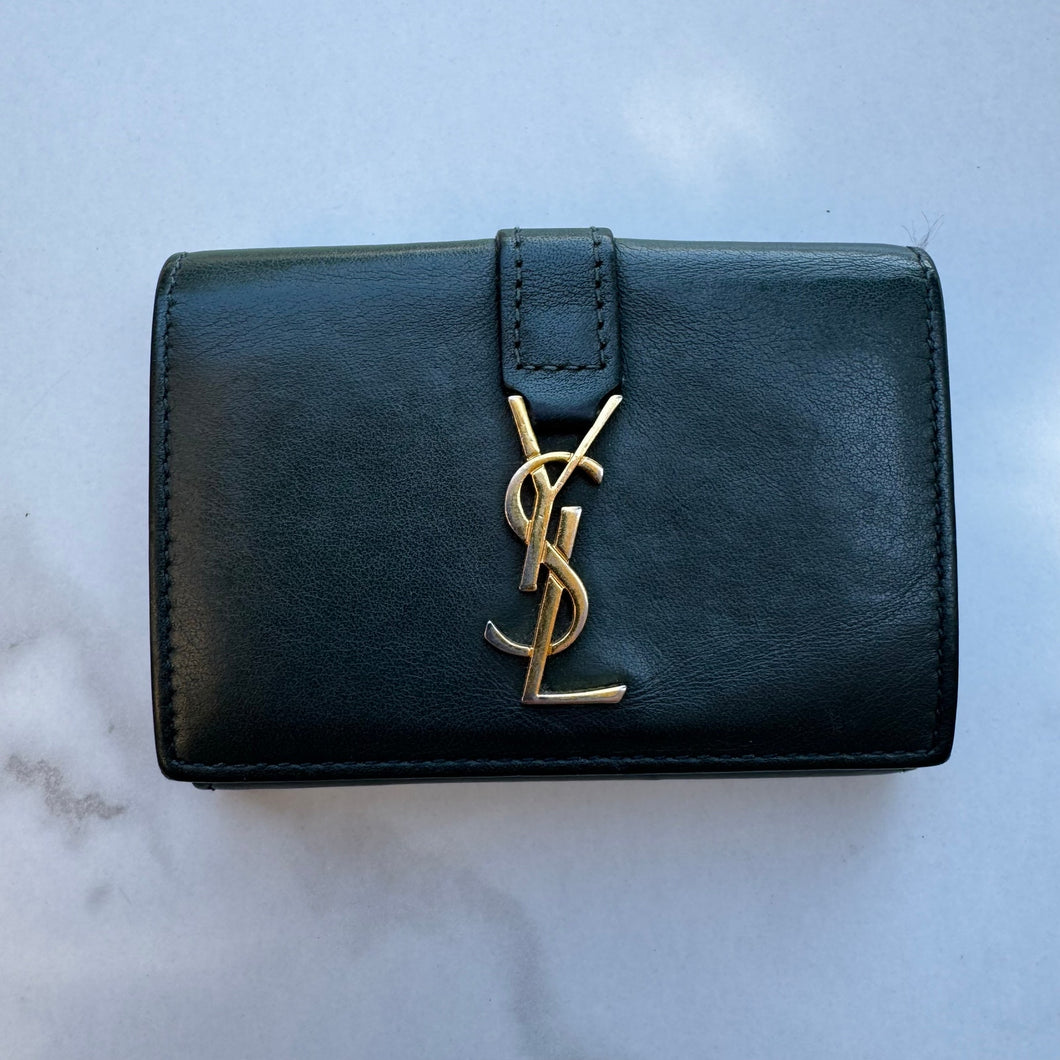 SAINT LAURENT Calfskin Monogram Tiny Tri Fold Wallet Green