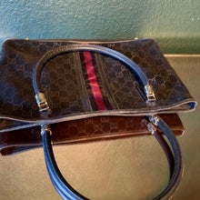 Load image into Gallery viewer, Gucci Black GG Embossed Suede Web Stripe Tote
