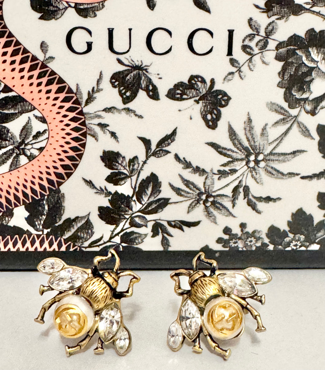 PRELOVED GUCCI Crystal Pearl Bee Earrings