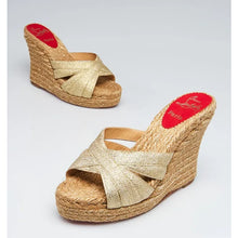 Load image into Gallery viewer, Christian Louboutin Gold Ribbon Espadrille Wedge Sandals Size 39 (Fit Like US 8)

