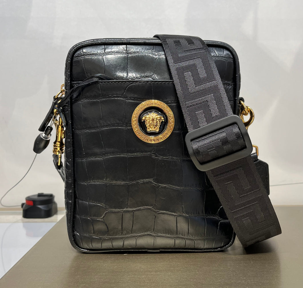 BRAND NEW VERSACE Unisex Medusa Croc Embossed Sling Bag Black