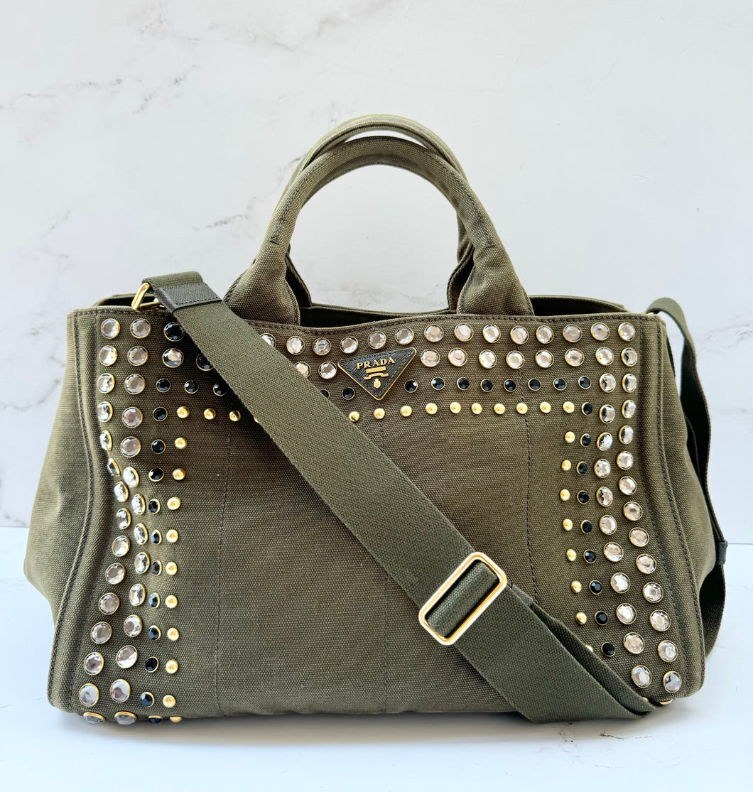 PRELOVED Prada Canvas Studded Crystal Large Canapa Tote Militare