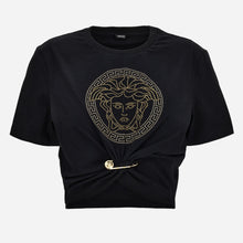 Load image into Gallery viewer, BRAND NEW VERSACE Bedazzled Medusa Crop Safety Pin T-shirt
