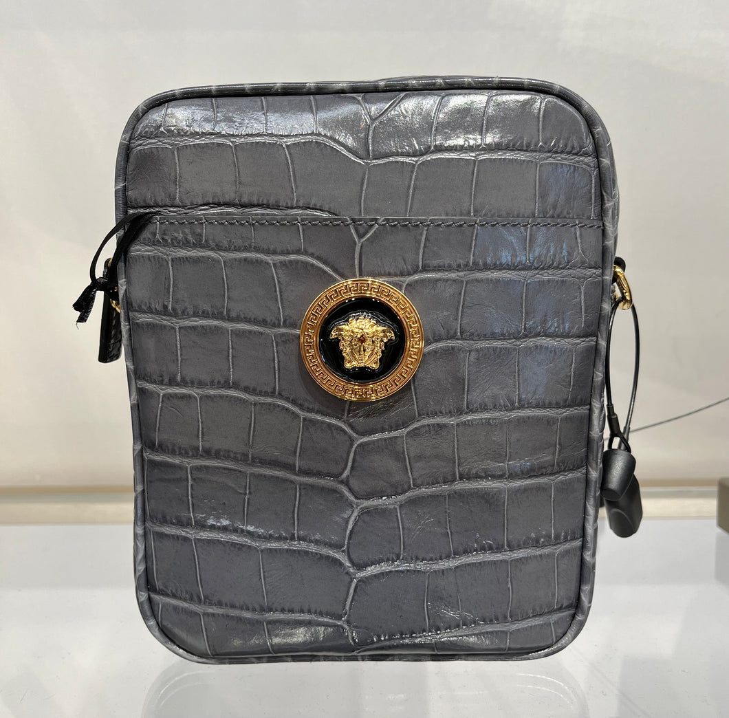 BRAND NEW VERSACE Unisex Medusa Croc Embossed Sling Bag Grey