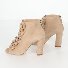 Load image into Gallery viewer, Chanel Suede Camelia Open Toe Booties Size 38
