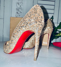 Load image into Gallery viewer, Christian Louboutin Pigalle Follie 100 Champagne Glitter Size 7.5
