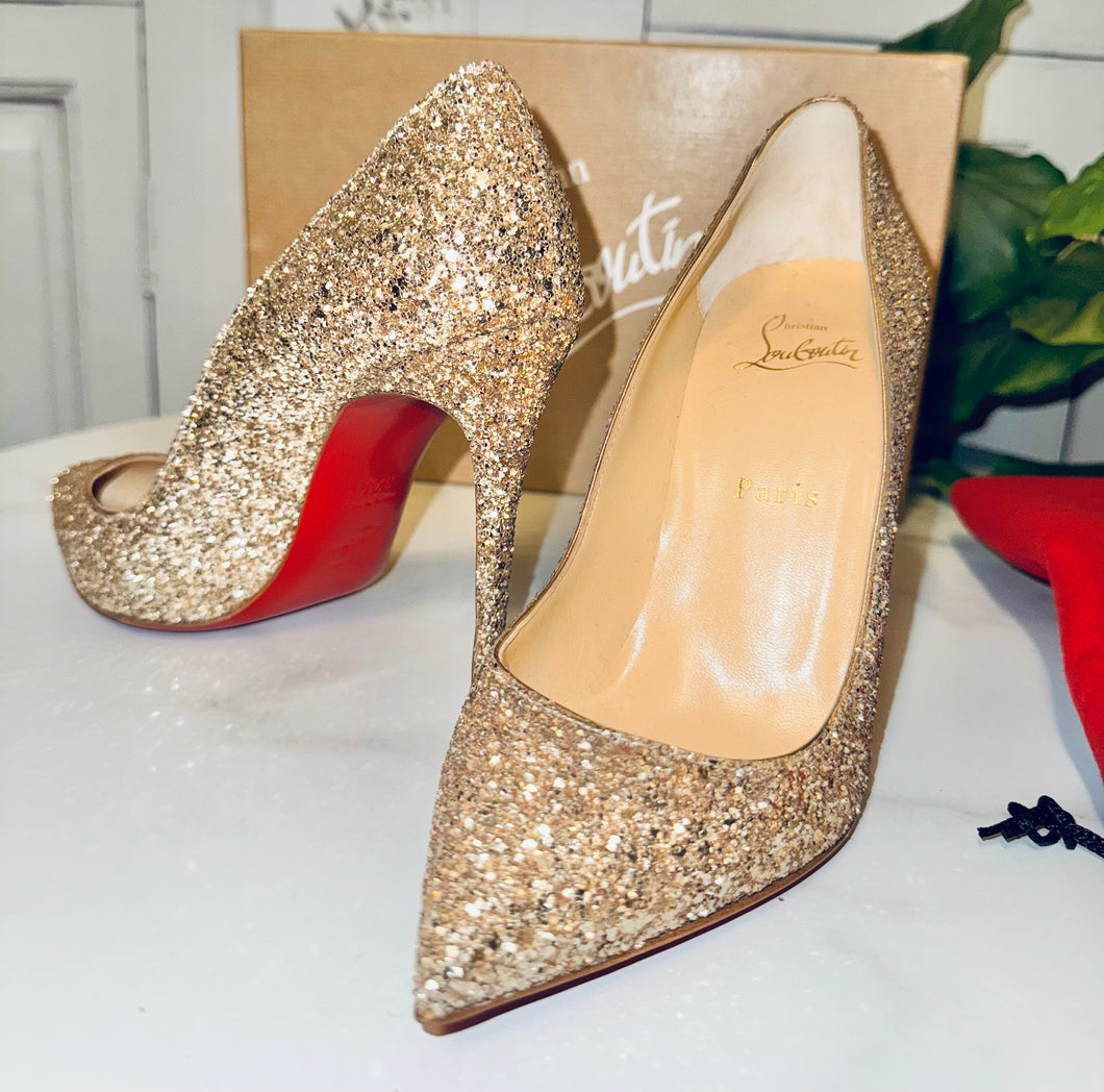 Christian Louboutin Pigalle Follie 100 Champagne Glitter Size 7.5