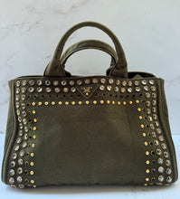 Load image into Gallery viewer, PRELOVED Prada Canvas Studded Crystal Large Canapa Tote Militare
