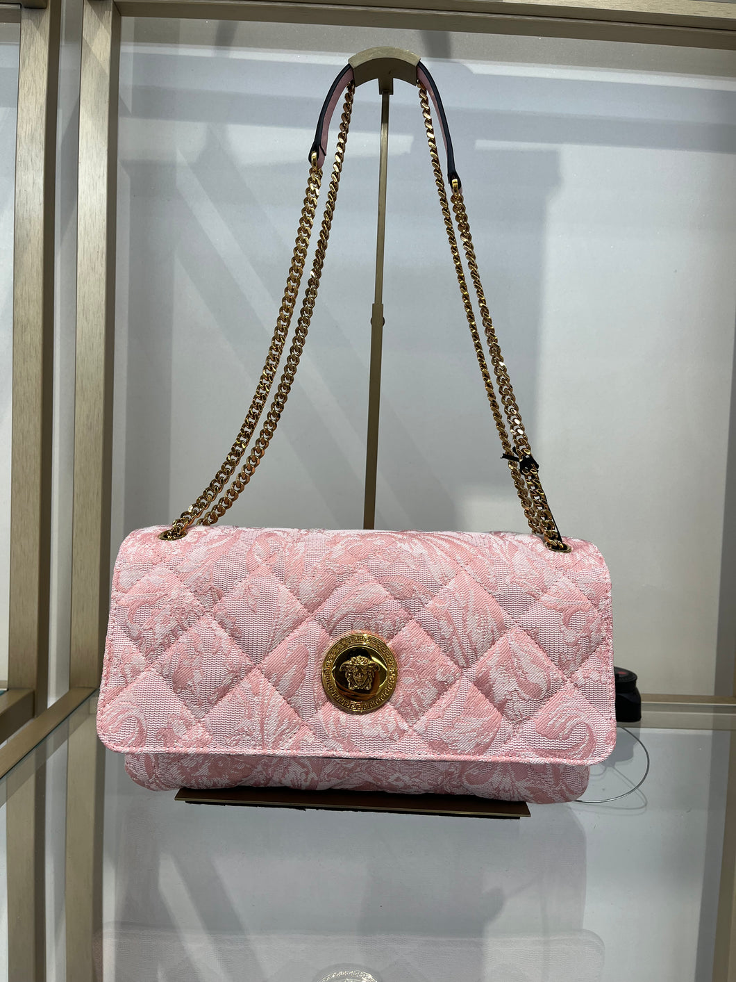 BRAND NEW VERSACE Medusa Pink Jacquard Canvas Chain Bag Large