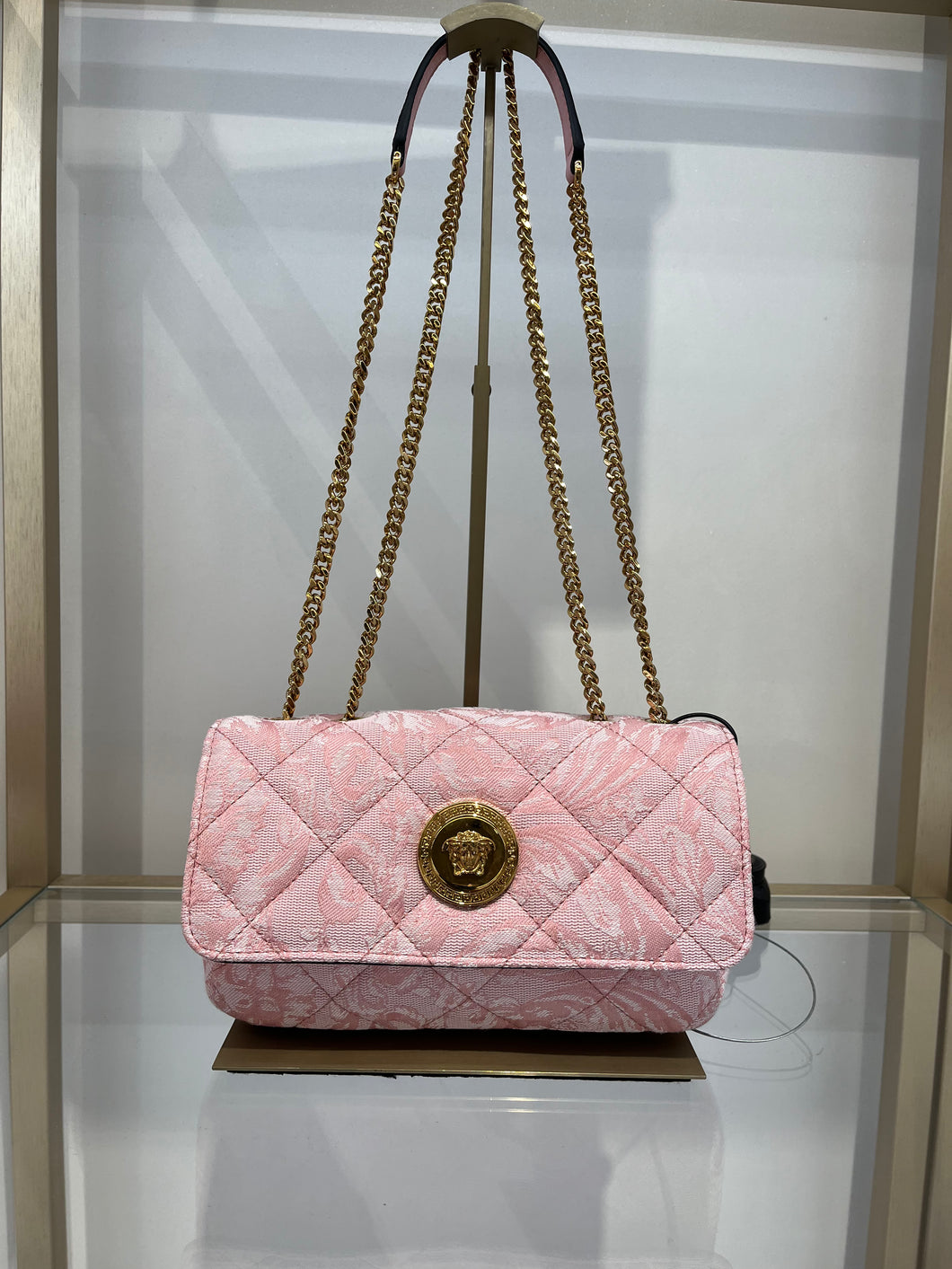 BRAND NEW VERSACE Medusa Pink Jacquard Canvas Chain Bag Small