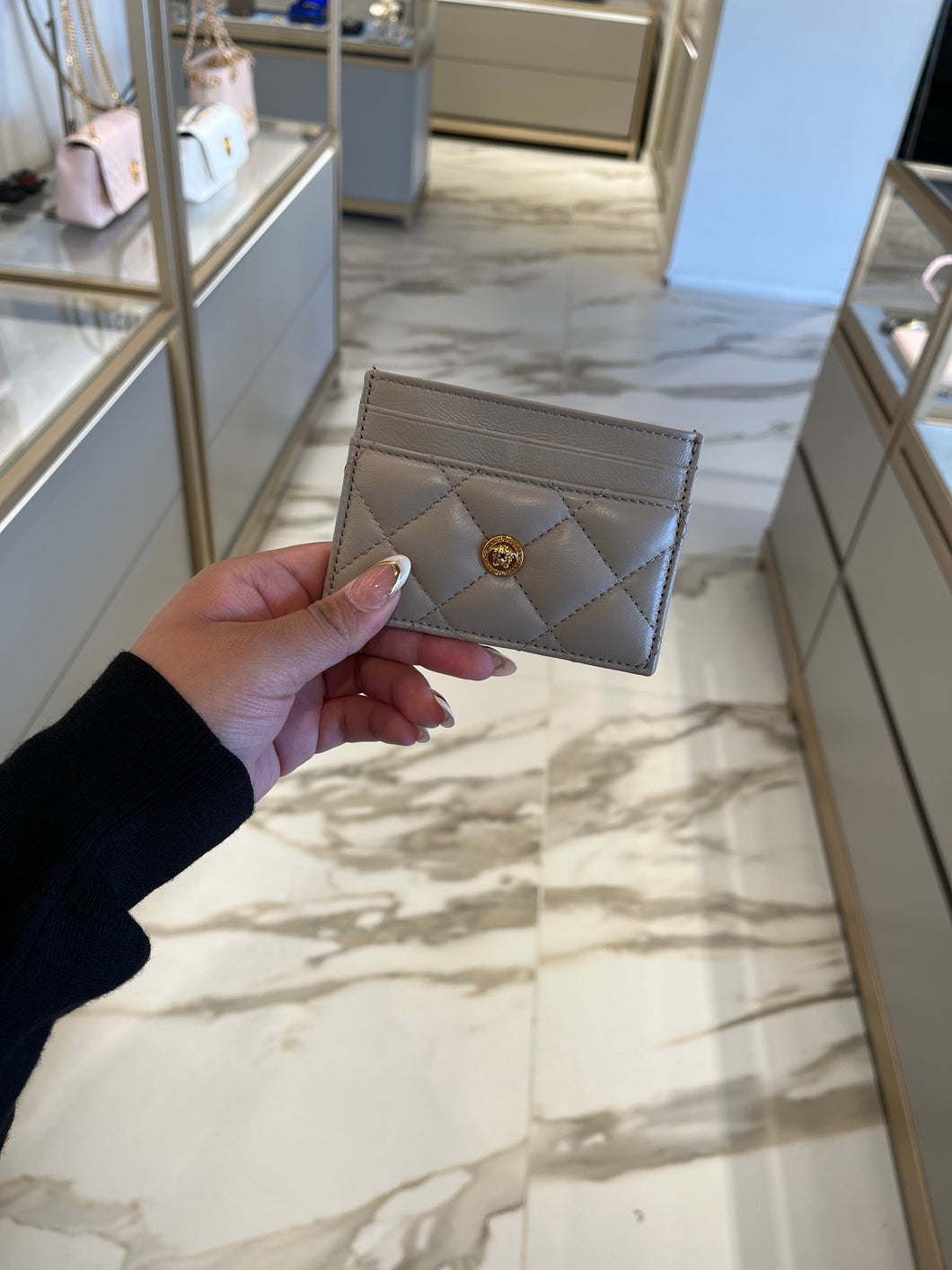 BRAND NEW VERSACE Medusa Quilted Card Case Dove Grey