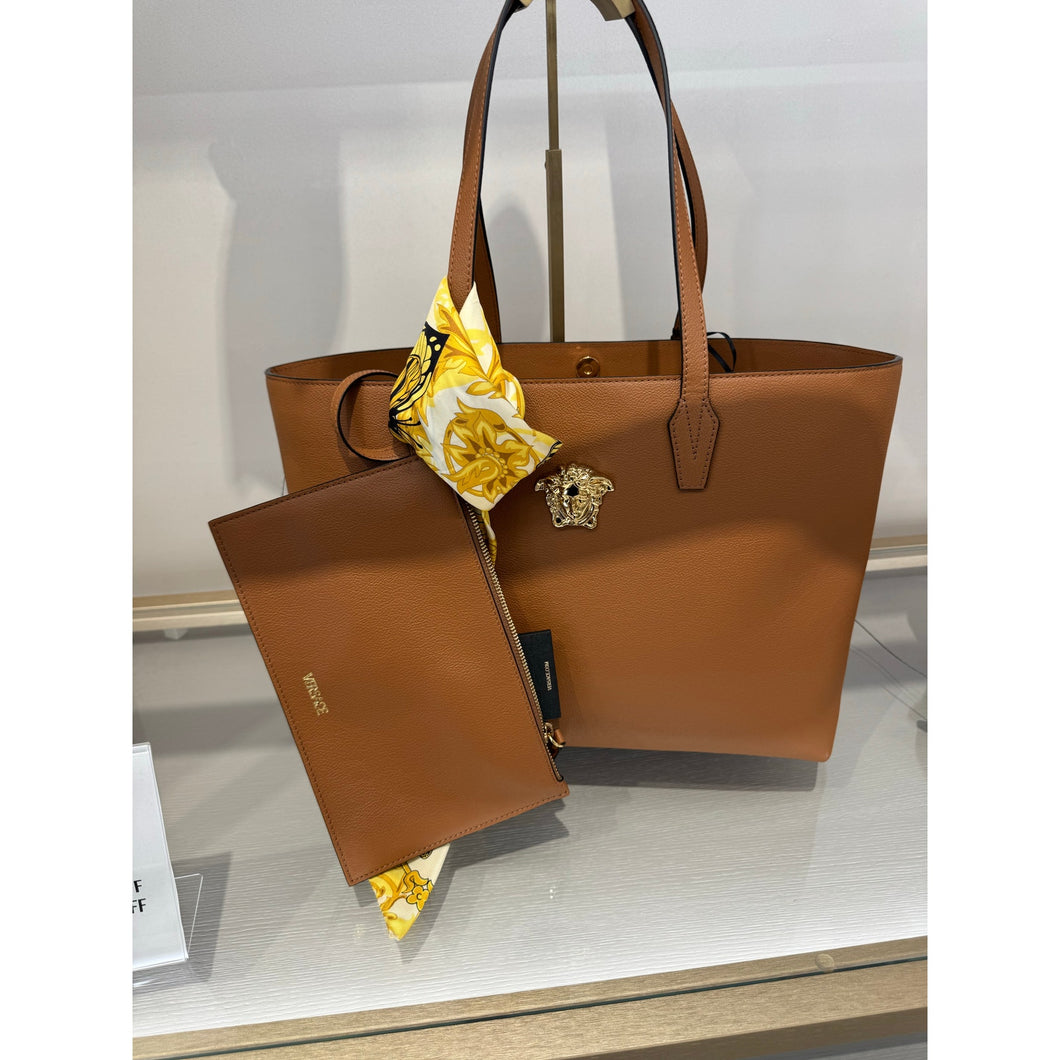 BRAND NEW VERSACE Calfskin Medusa Tote with Pouch - Brown