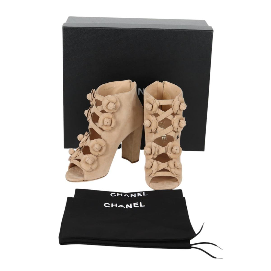 Chanel Suede Camelia Open Toe Booties Size 38