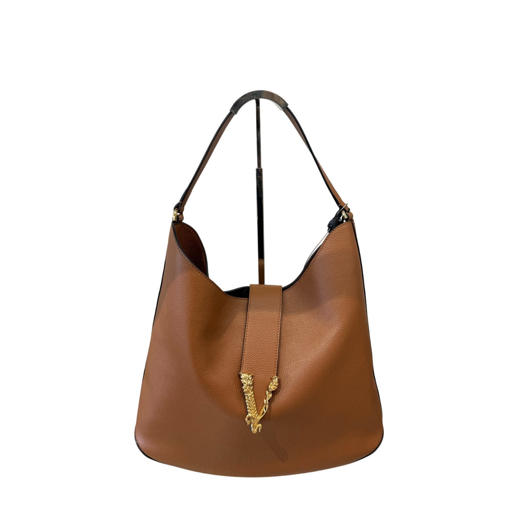 BRAND NEW VERSACE Virtus Calfskin Hobo Bag Large - Brown